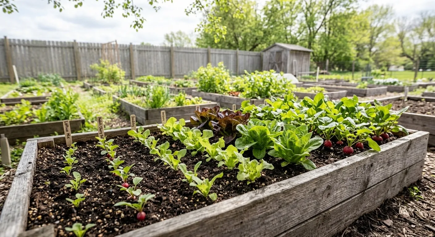 Raised bed with lettuce and radishes at different growth stages (AI-generated illustration)