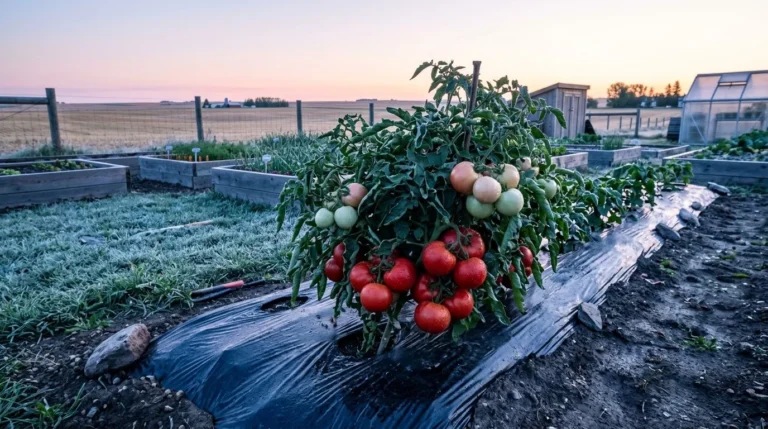 Bush tomato plant with ripening red and green tomatoes over black plastic mulch in a northern garden (AI-generated illustration)