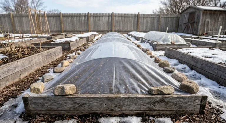 Clear plastic sheet warming a vegetable bed in early spring (AI-generated illustration)