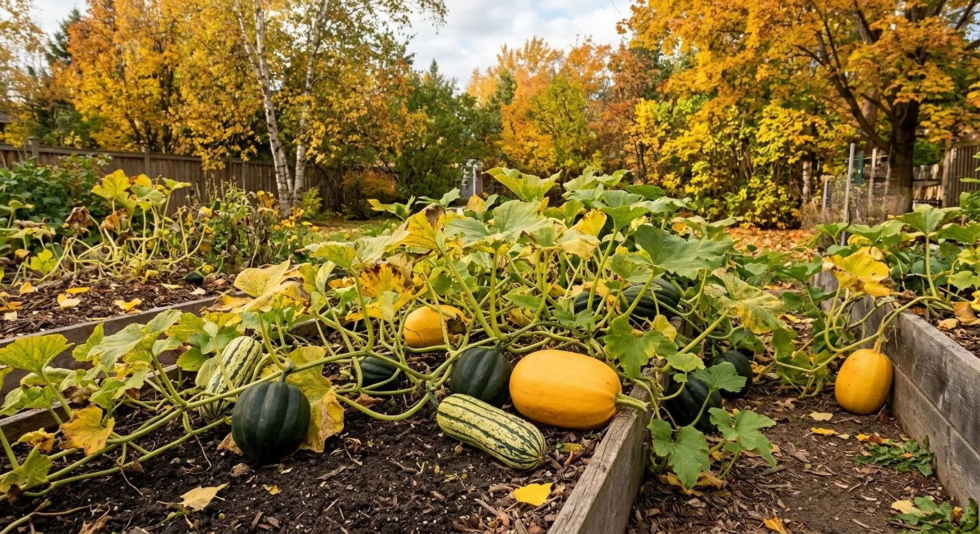 Acorn, delicata and spaghetti squash ripening on vines in a northern garden bed (AI-generated illustration)
