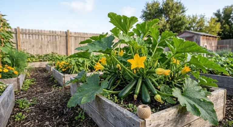 Zucchini plant with flowers and fruit in a wooden raised bed (AI-generated illustration)
